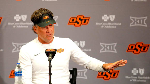 Oklahoma State head football coach Mike Gundy speaks to the media during media for the Oklahoma State University Cowboys football media days in Stillwater, Okla., Saturday, Aug., 5, 2023.